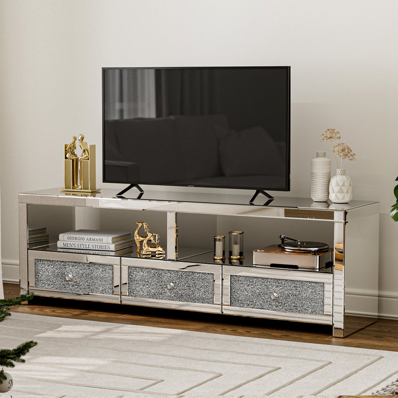 Mercer41 Mirrored Tv Stand For 65 Inch Tv Silver Entertainment Center With 3 Drawers 2 Open Storage For Living Room tv Console Table With Crushed Diamond For Bedrooms Wayfair